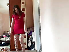 Amy Takes off Red saree indian and Fishnet Pantyhose