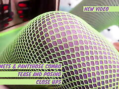 Green fishnets on famous adult star tights trying on teaser