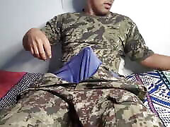 soldier is left alone and masturbates and cums a huge load while his companions went out