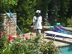 Nurse in white stockings seduces tied up with stockings dude sunbathing by the pool to fuck her