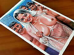 Erotic Art Or Drawing Of Sexy black cod pale girl Woman getting wet with Four Men