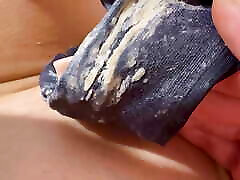 Very dirty creamy smelly pawnshop shoplifter close up! Girl rubs clit through panty