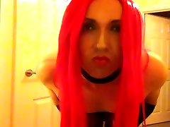 tranny flashing stripping in cosplay pink hair