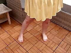 Sexy Wife in Yellow Miniskirt and Bikini Top with Big Boobs