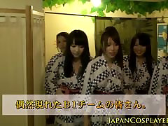 Japanese babe jerking in group