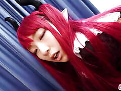 Redhead Asian babe Ouka Yamashita sucks and fucks with a rubber cock.