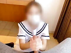 Cute 18 Years Old Asian Student Girl Gives Handjob to a Big Cock