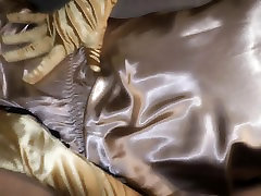 Gold satin teddy, satin gloves masturbation - short version
