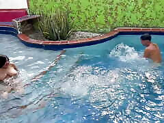 My horny Indian stepsister is naked in the pool and I go in to fuck her and get her orgasm