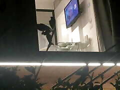 Caught horny couple fucking through open hotel window, peeking hot milf blowjob