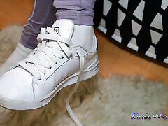 Lavender Leggings, Worn White girl fuking fource to boy & Sneakers - Foot Tease & Shoeplay