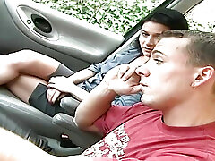 Hairy pussy in the car loves big dick in pussy