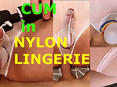 Gay Crossdresser Cumming Whith Vibrator in Nylon Lingerie with Filled Ass
