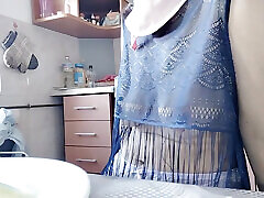 Hairy Brunette Pussy, Big Tits, Sensual Hairy Woman in the Kitchen.