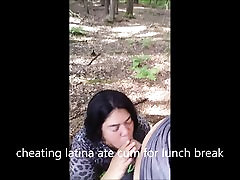 cheating latina eats cum on lunch break in woods