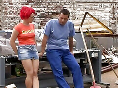 Redhead MILF with open pussy indulges in outdoor fucking outside taking a break from work