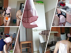 Hot amateur couple having fun in the kitchen. Sexy mom has breakfast in the bedroom, hairy pussy, big tits, big ass.