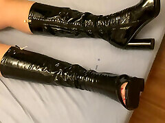 Peeptoe Fetish Boots on bed