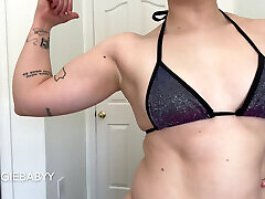 upper body bikini workout, flexing, posing, heavy breathing