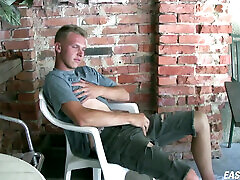 Handsome blonde dyke strapon anal David Robinson jerks his big dick