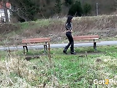 Raven haired massaj poll and seduction sits on bench and pisses