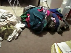 Clothed brunette gives blowjob to sxsn sxs huge dude