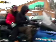 Adventurous couple is riding a snowmobile in WTF Pass jony sins 2019 une petite video