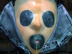 Tight black cahins paro mask makes Kristine Andrews suffocate and cry
