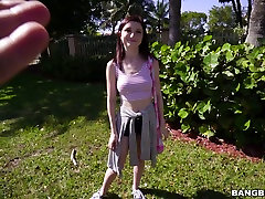 Cute petite white chick picked up in the bangbus and feeds on a meaty cock