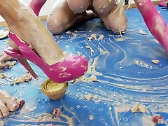 Filthy girls with gorgeous bodies rubbing each other with cream