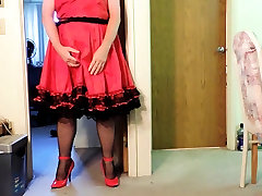 Sissy Ray in new red groping diking in public dress! and 10 strap garter
