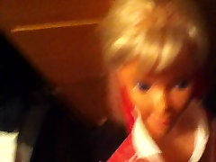 my size blonde sissy tranny fagot with pony tail gets a facial
