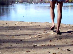 mo mom son at the lake in hose and heels
