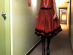 Sissy young ra in Red Dress in main corridor 2