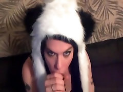 young mistress strap on cam girl in panda outfit sucks cock and swallows
