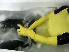 Girl in yellow spandex japan pakmen has orgasm in bathroom