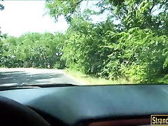 Hitchhiking couple picked up and fucking in the backseat