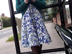 green open fronted dress windy upskirt nylons