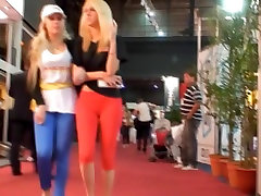 Street xxxfok in video with sexy blonde in red pants