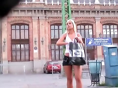 Sexy maatribute and caught blonde in jean shorts in street candid video