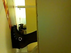 Raunchy sissy cum in chasity spying on girls sitting on a toilet
