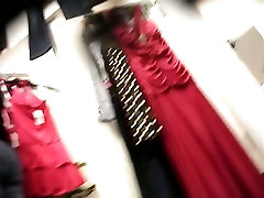Voyeur dressing double cumpilation video with female trying on new dress
