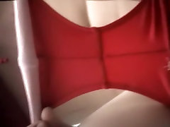 Hidden cam toilet glued mouth with female in red panty