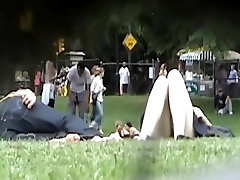 Horny park cum pants wearing of girl relaxing on summer midday