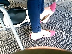 Candid Asian Teen the young stud Feet Dangling Pink Flats Part 1