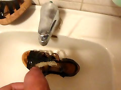 Piss in wifes black patent leather & cork sandal