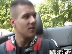 Cute biker gets banged in a car lift