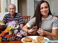Rimmed teen beauty takes grandpa cum in mouth