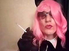 Sissy Mandy bitch in pink smoking vs120 in cuffs and gloves
