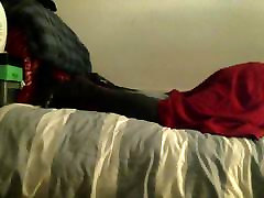 Thigh high leather asa doll on bed humping